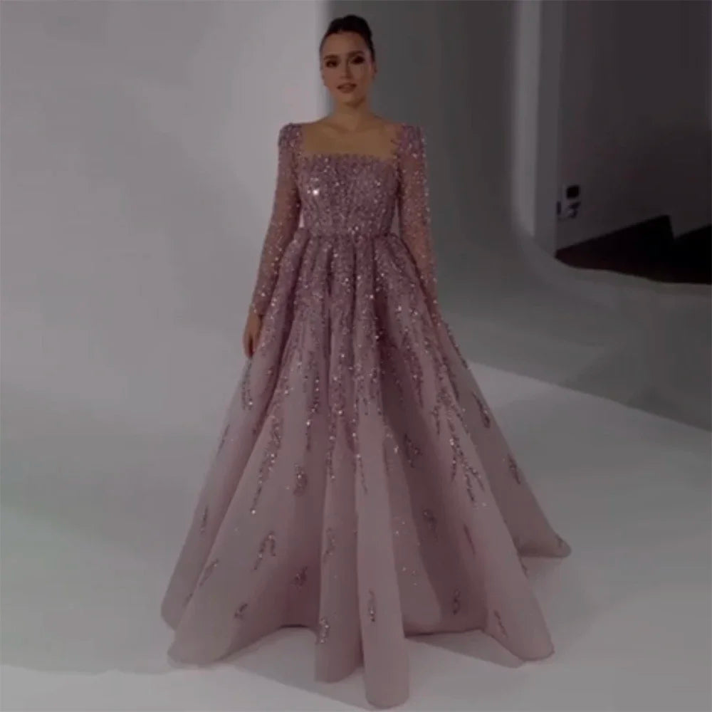 Vestidos de noche de lujo de Dubái con mangas largas en rosa empolvado para fiesta LA71915