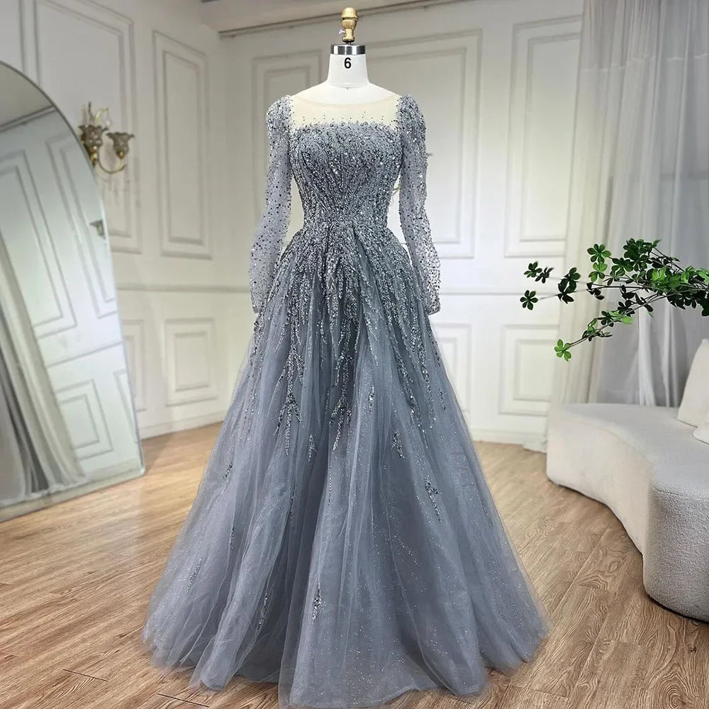 Vestidos de noche de lujo de Dubái con mangas largas en rosa empolvado para fiesta LA71915
