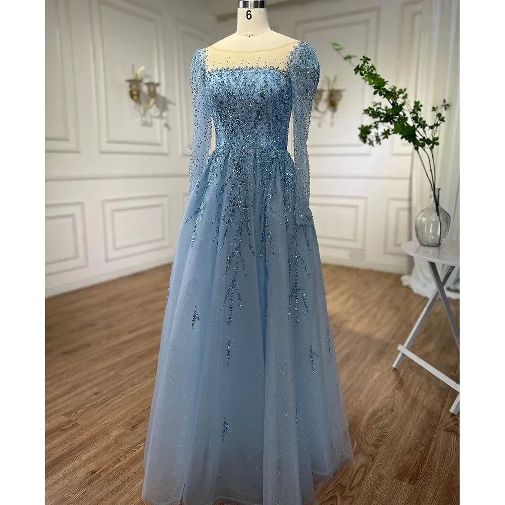 Vestidos de noche de lujo de Dubái con mangas largas en rosa empolvado para fiesta LA71915