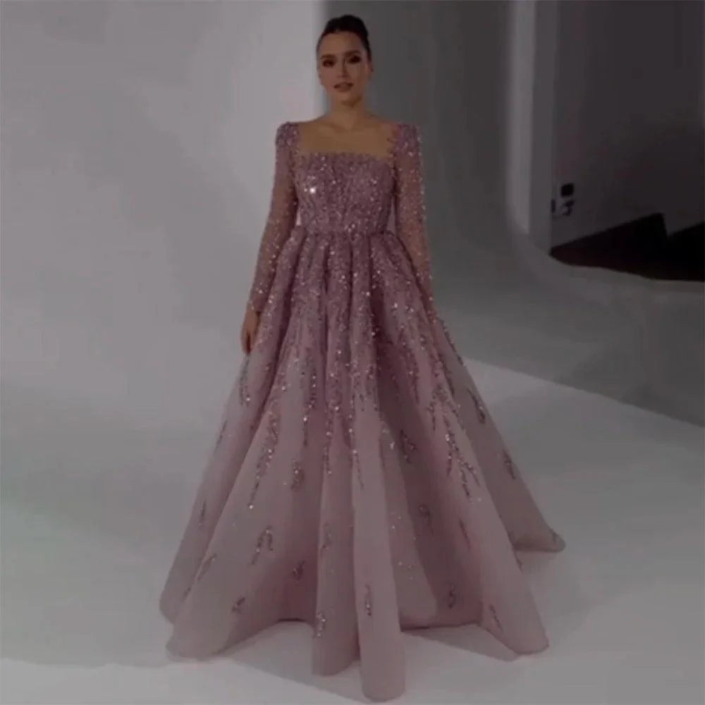 Serene Hill - Vestidos de noche largos de Dubái, de lujo, musulmanes, rosas, corte A, con cuentas, para mujer, para fiesta de bodas 