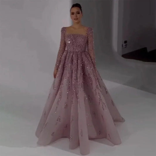 Serene Hill Muslimischen Rosa EINE Linie Perlen Luxus Dubai Lange Abendkleider Kleider Für Frau Hochzeit 