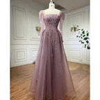 Vestidos de noche de lujo de Dubái con mangas largas en rosa empolvado para fiesta LA71915