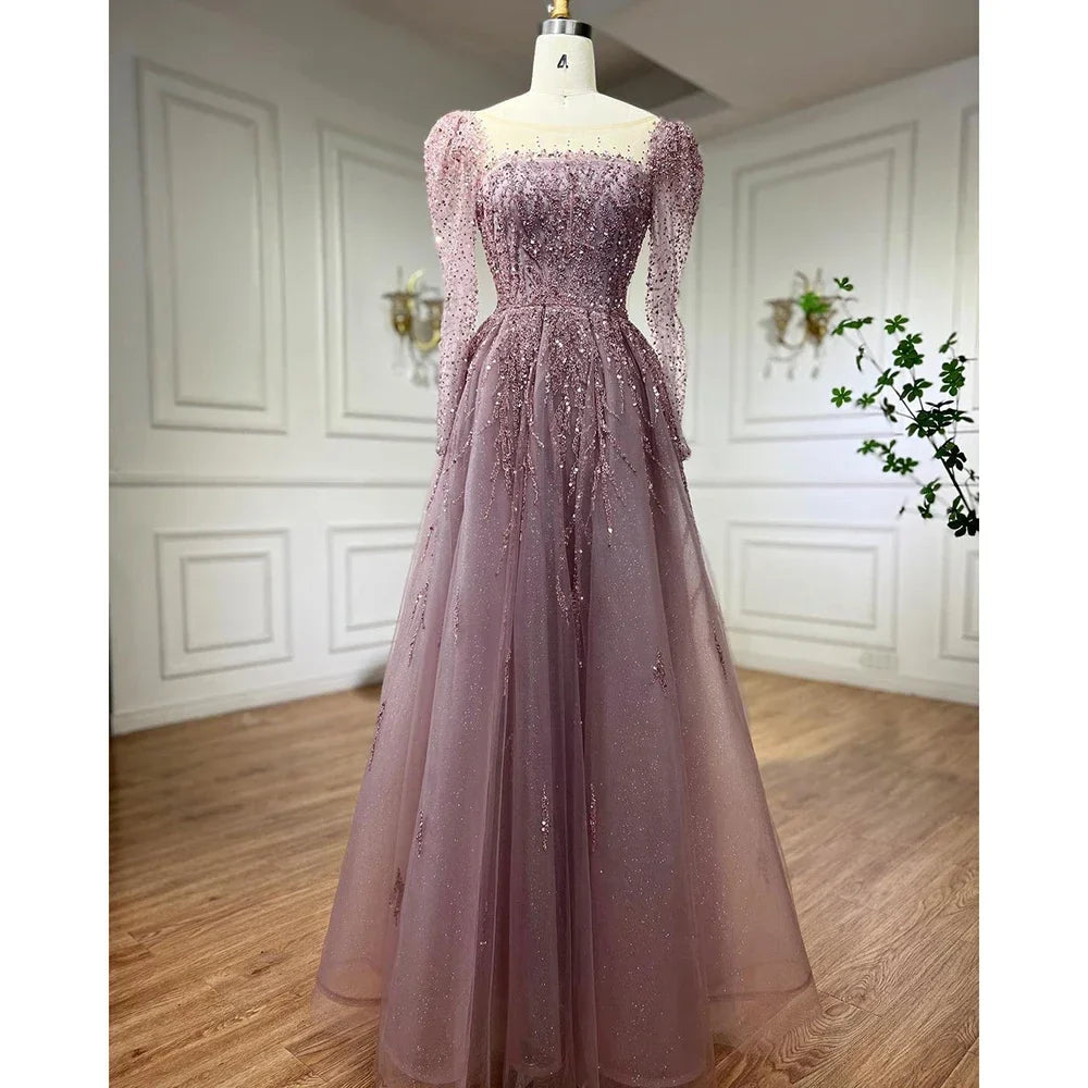 Staubiges Rosa Lange Ärmel Dubai Luxus Abendkleider Kleider Für Party LA71915