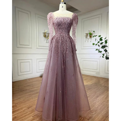 Staubiges Rosa Lange Ärmel Dubai Luxus Abendkleider Kleider Für Party LA71915