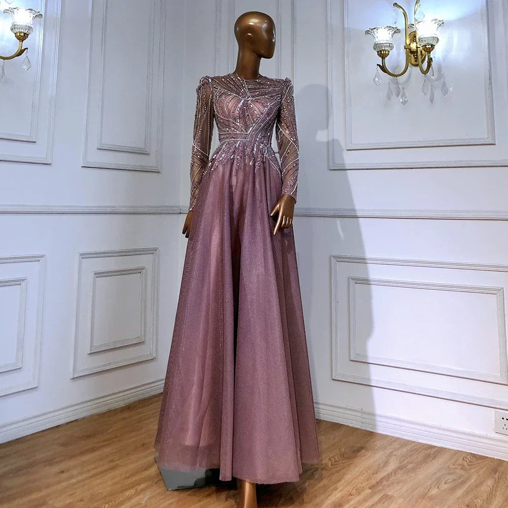 Vestidos de noche musulmanes de lujo con cuentas, corte A, color rosa, para mujer, para fiesta de boda, LA71290A 