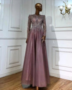 Vestidos de noche musulmanes de lujo con cuentas, corte A, color rosa, para mujer, para fiesta de boda, LA71290A 