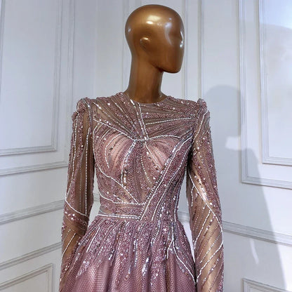 Muslim Pink  A-Line Beaded Luxury Evening Dresses Gowns 2025 For Women Wedding Party LA71290A