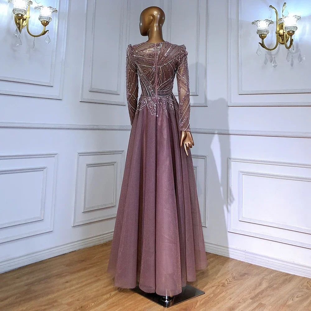 Vestidos de noche musulmanes de lujo con cuentas, corte A, color rosa, para mujer, para fiesta de boda, LA71290A 