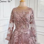 Muslim Pink Beaded Lace A-Line Luxury Long  Crystal Evening Dresses  Formal Gowns For Women Party 2025 LA70708