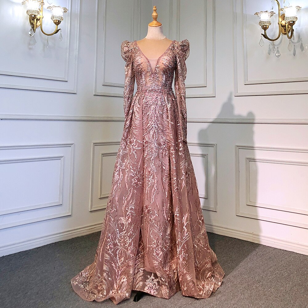 Muslim Pink  Elegant  Mermaid Overskirt Luxury Beaded Evening Dresses Gowns 2025  For Woman Party LA71572