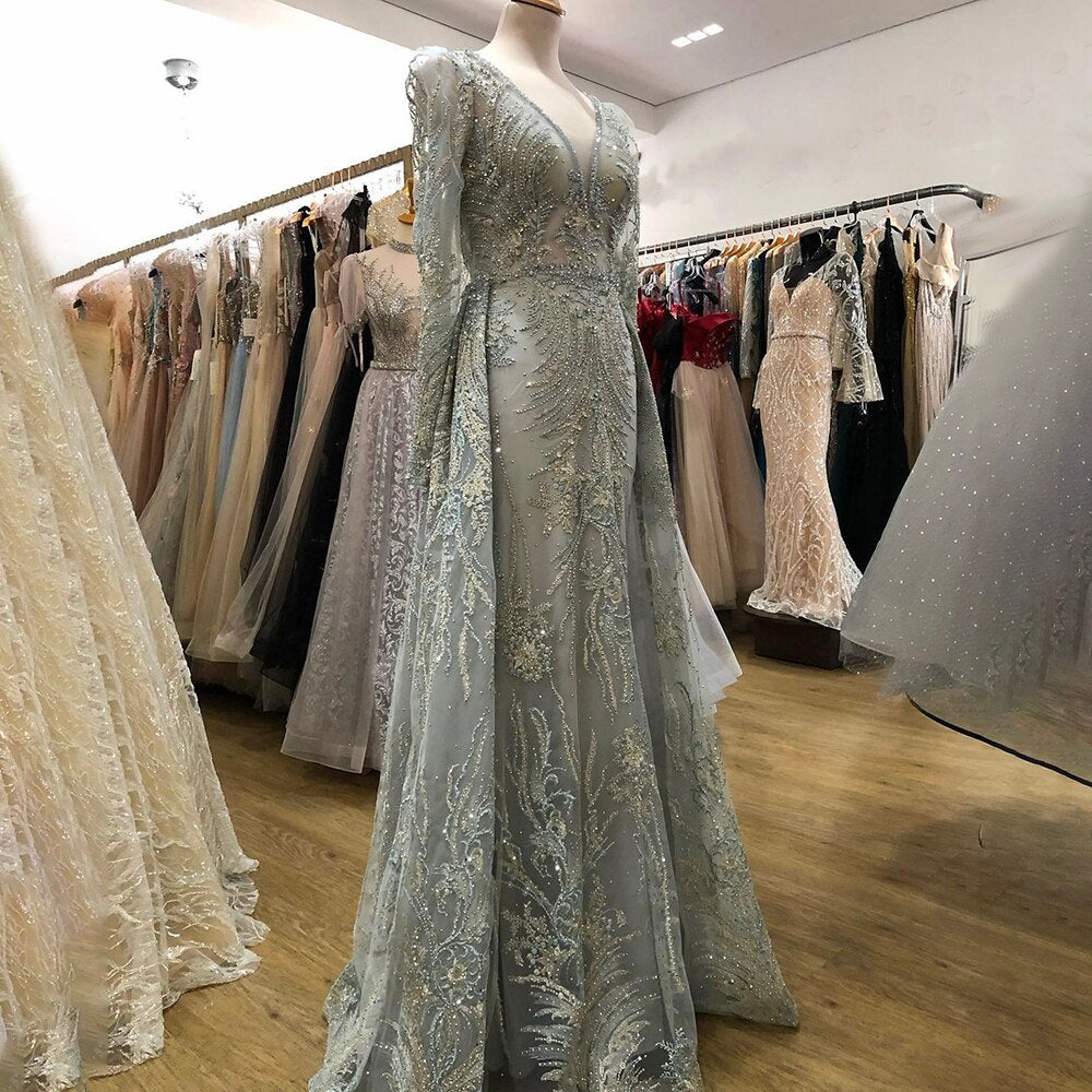 Muslim Pink  Elegant  Mermaid Overskirt Luxury Beaded Evening Dresses Gowns 2025  For Woman Party LA71572