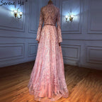 Vestidos de noche musulmanes de encaje rosa con cuentas, corte A, de lujo, para mujer, para fiesta de boda, LA71247 