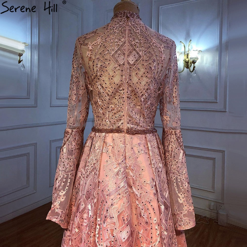 Vestidos de noche musulmanes de encaje rosa con cuentas, corte A, de lujo, para mujer, para fiesta de boda, LA71247 