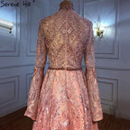 Vestidos de noche musulmanes de encaje rosa con cuentas, corte A, de lujo, para mujer, para fiesta de boda, LA71247 