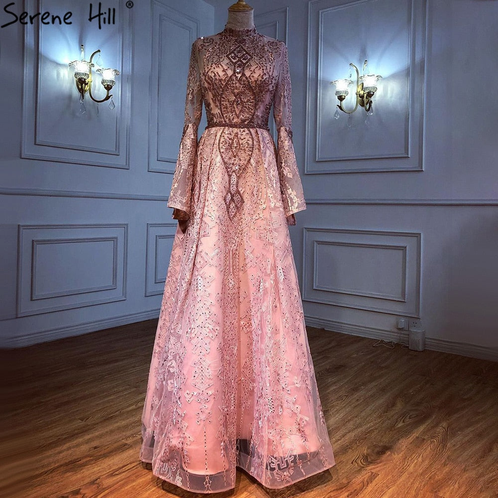 Vestidos de noche musulmanes de encaje rosa con cuentas, corte A, de lujo, para mujer, para fiesta de boda, LA71247 