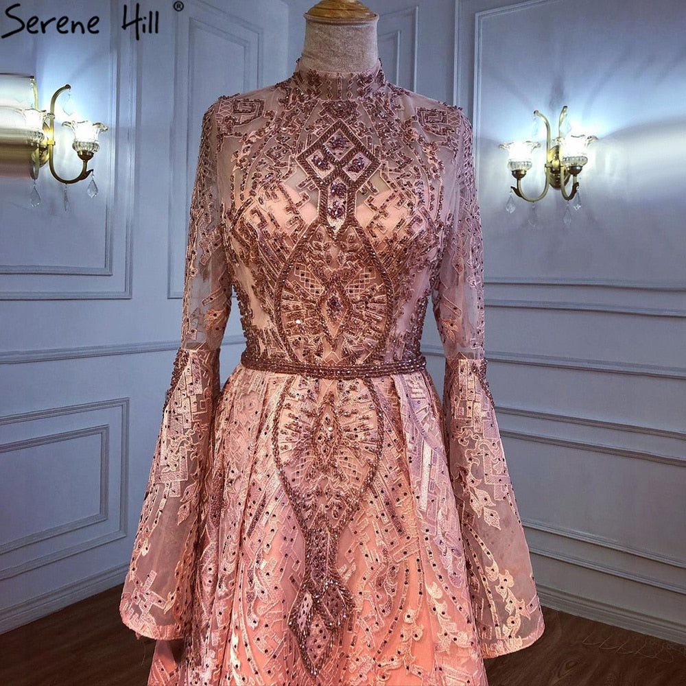 Vestidos de noche musulmanes de encaje rosa con cuentas, corte A, de lujo, para mujer, para fiesta de boda, LA71247 