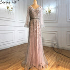 Muslim Pink Luxury Evening Dresses Gowns 2025 A-Line Beading Sparkle Sexy Formal Dress LA70972