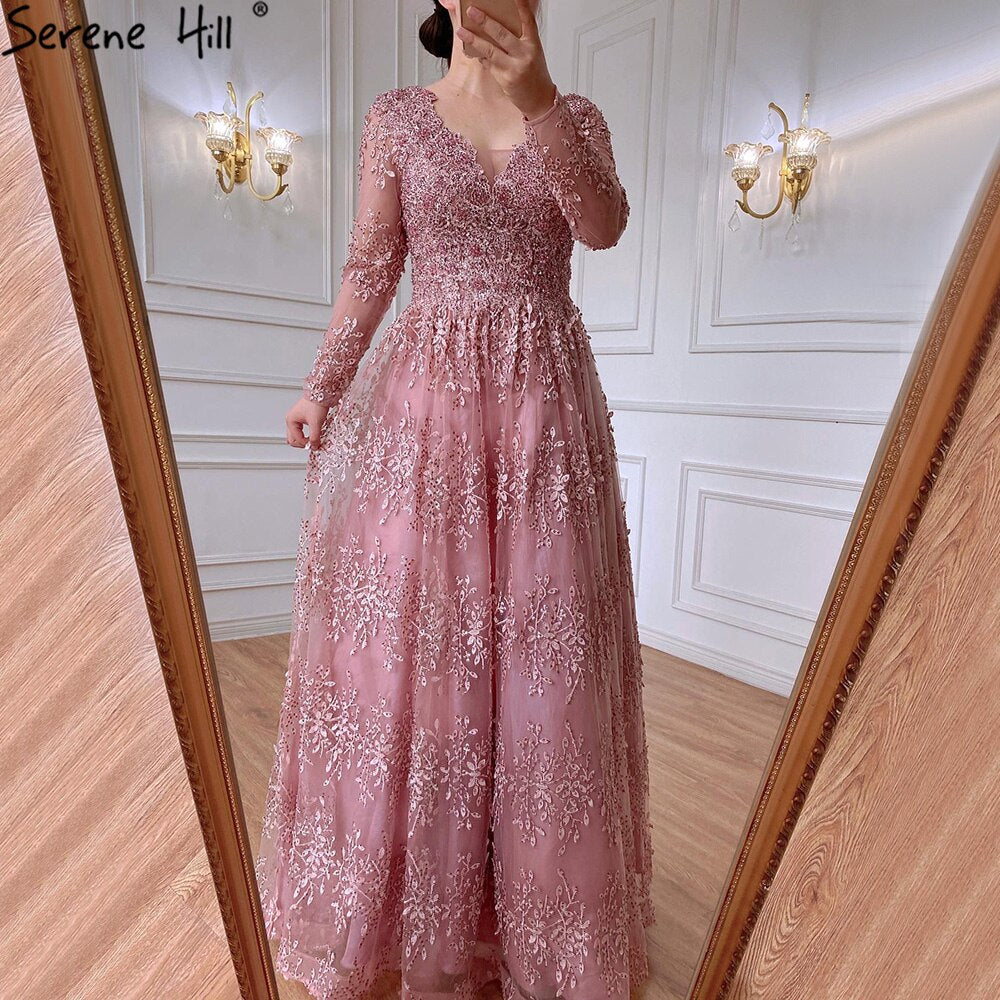 Muslimischen Rosa Luxus Abendkleider Kleider 2025 Langen Ärmeln Kristall A-linie Für Frauen Party LA70729 