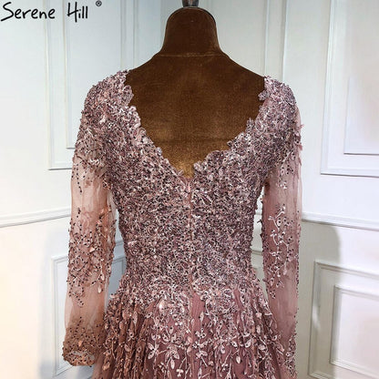 Muslim Pink Luxury Evening Dresses Gowns 2025 Long Sleeves Crystal A-Line For Women Party LA70729