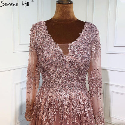 Muslim Pink Luxury Evening Dresses Gowns 2025 Long Sleeves Crystal A-Line For Women Party LA70729
