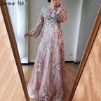 Muslim Pink Luxury Evening Gowns 2025 Flowers Crytsal Long Lantern Sleeves Formal Dress Design LA70779