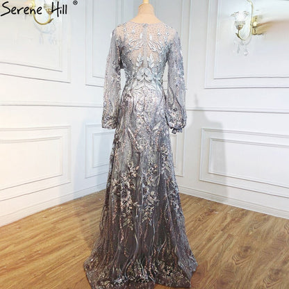 Muslim Pink Luxury Evening Gowns 2025 Flowers Crytsal Long Lantern Sleeves Formal Dress Design LA70779