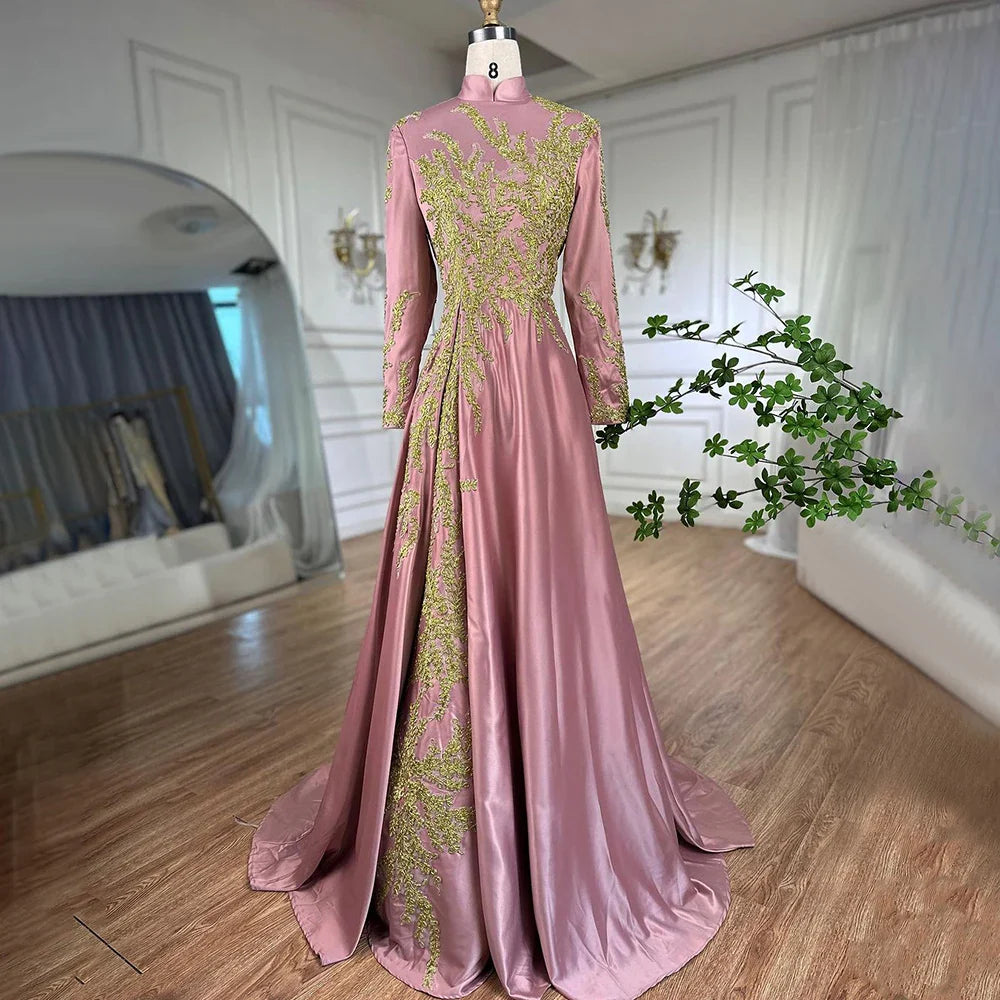 Muslimischen Rosa Meerjungfrau Stickerei Satin Elegante Abendkleider Kleider 2025 Für Frauen Hochzeit Party LA72218 