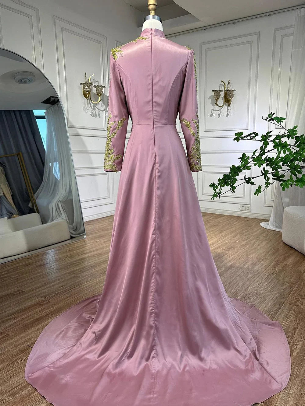 Muslimischen Rosa Meerjungfrau Stickerei Satin Elegante Abendkleider Kleider 2025 Für Frauen Hochzeit Party LA72218 