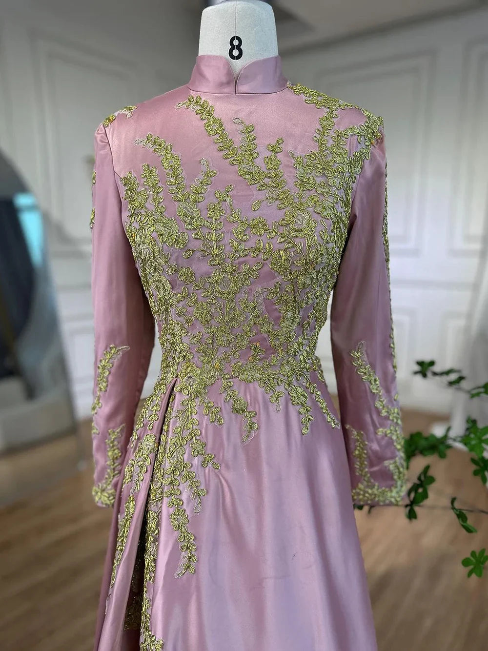 Muslimischen Rosa Meerjungfrau Stickerei Satin Elegante Abendkleider Kleider 2025 Für Frauen Hochzeit Party LA72218 