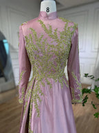 Muslimischen Rosa Meerjungfrau Stickerei Satin Elegante Abendkleider Kleider 2025 Für Frauen Hochzeit Party LA72218 