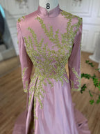 Muslimischen Rosa Meerjungfrau Stickerei Satin Elegante Abendkleider Kleider 2025 Für Frauen Hochzeit Party LA72218 