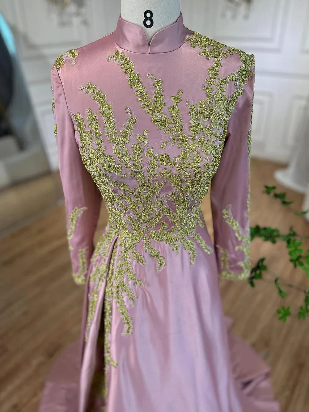 Muslimischen Rosa Meerjungfrau Stickerei Satin Elegante Abendkleider Kleider 2025 Für Frauen Hochzeit Party LA72218 