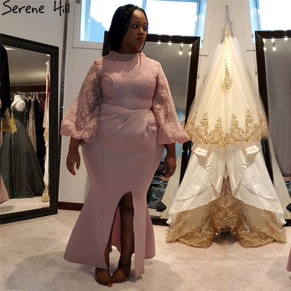 Zum Verkauf Keine Rückgabe Keine Rückerstattung Verkauf Muslimische Rosa Meerjungfrau Laterne Ärmel Abendkleider Kleider 2025 Split Elegant Für Frau Party QA8002 