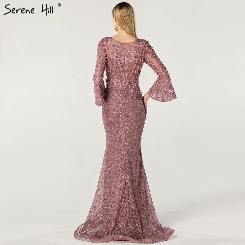 Vestido de noche musulmán de sirena rosa de lujo con encaje y cuentas de perlas, mangas largas, formal, para fiesta, talla grande 2025, LA60813. 