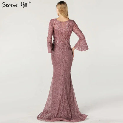 Vestido de noche musulmán de sirena rosa de lujo con encaje y cuentas de perlas, mangas largas, formal, para fiesta, talla grande 2025, LA60813. 