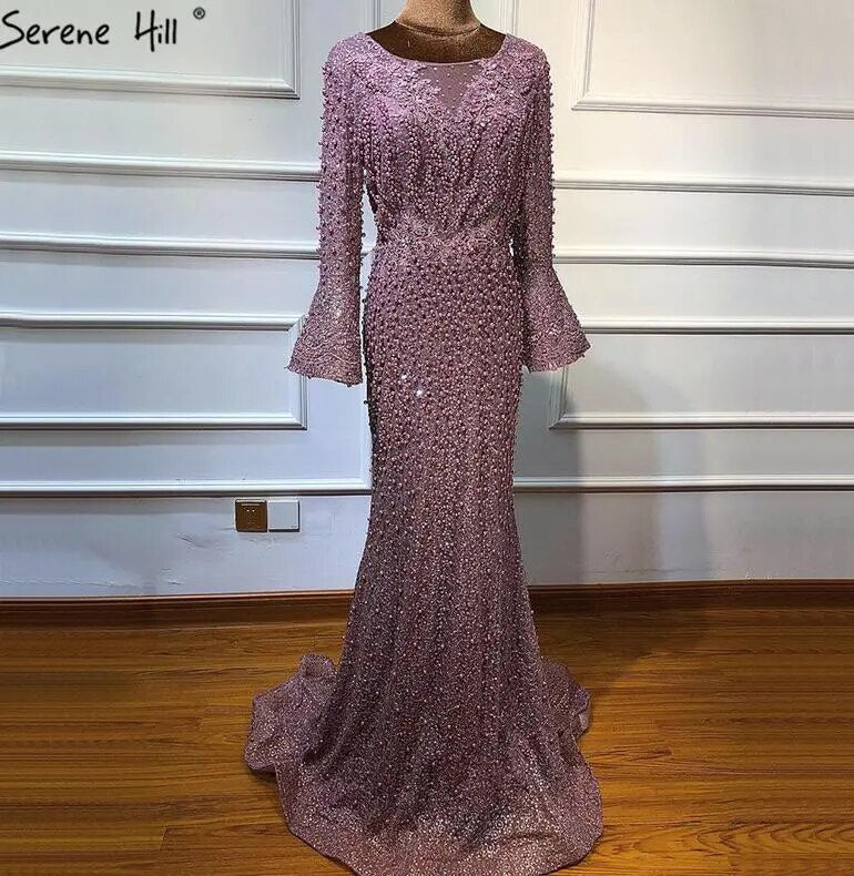 Vestido de noche musulmán de sirena rosa de lujo con encaje y cuentas de perlas, mangas largas, formal, para fiesta, talla grande 2025, LA60813. 