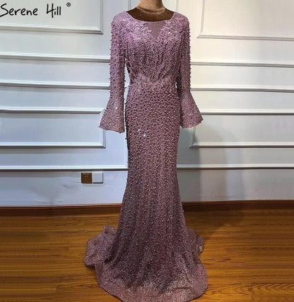 Vestido de noche musulmán de sirena rosa de lujo con encaje y cuentas de perlas, mangas largas, formal, para fiesta, talla grande 2025, LA60813. 
