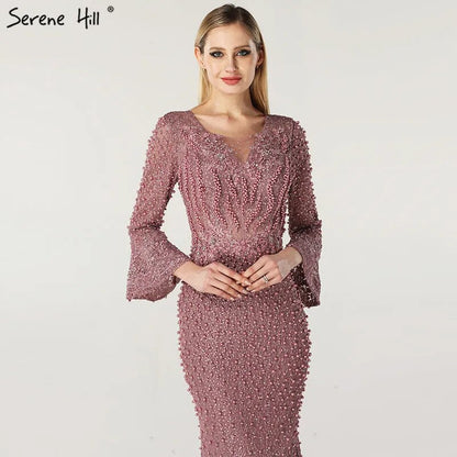 Vestido de noche musulmán de sirena rosa de lujo con encaje y cuentas de perlas, mangas largas, formal, para fiesta, talla grande 2025, LA60813. 