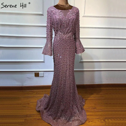 Vestido de noche musulmán de sirena rosa de lujo con encaje y cuentas de perlas, mangas largas, formal, para fiesta, talla grande 2025, LA60813. 