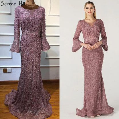 Vestido de noche musulmán de sirena rosa de lujo con encaje y cuentas de perlas, mangas largas, formal, para fiesta, talla grande 2025, LA60813. 