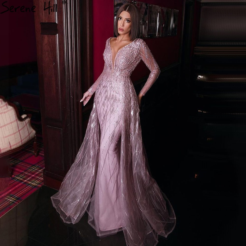 Vestidos de noche musulmanes rosas con sobrefalda, elegantes vestidos de fiesta de lujo con cuentas y corte sirena para mujer LA71197 