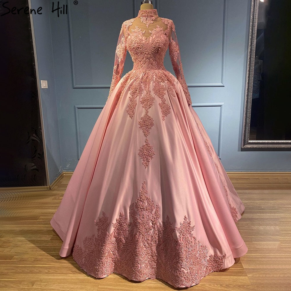 Muslimischen Rosa Satin Abendkleider Kleider 2025 Beaed Luxus Ballkleid Für Frauen Party LA71224 