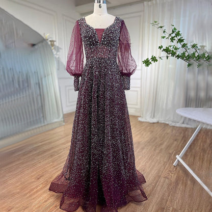 Muslim Purple A Line Elegant Puff Sleeves Evening Dresses Gowns Luxury Beaded 2025 For Women Wedding Party LA72145