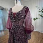 Muslim Purple A Line Elegant Puff Sleeves Evening Dresses Gowns Luxury Beaded 2025 For Women Wedding Party LA72145