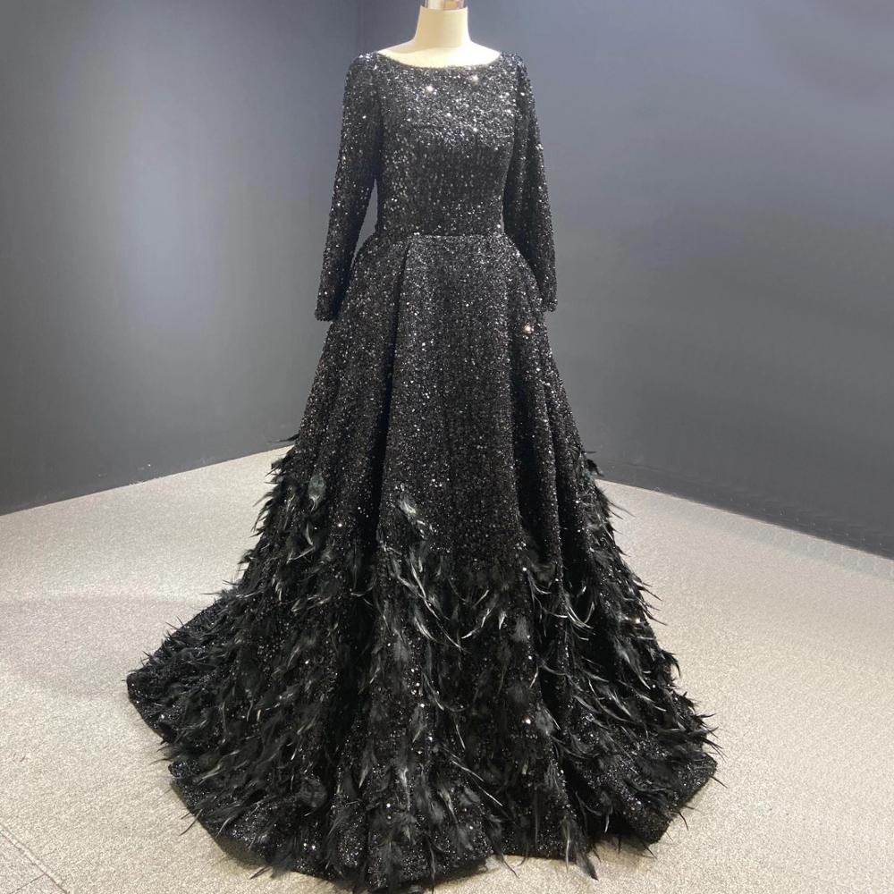 Muslim Red A-Line Luxury Evening Dresses Gowns 2025 Sparkle Feather For Women Party HM67124