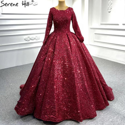 Muslim Red Luxury Wedding Dresses 2025 Sparkle Beaded Long Sleeves Bridal Gowns HA2513 Custom Made