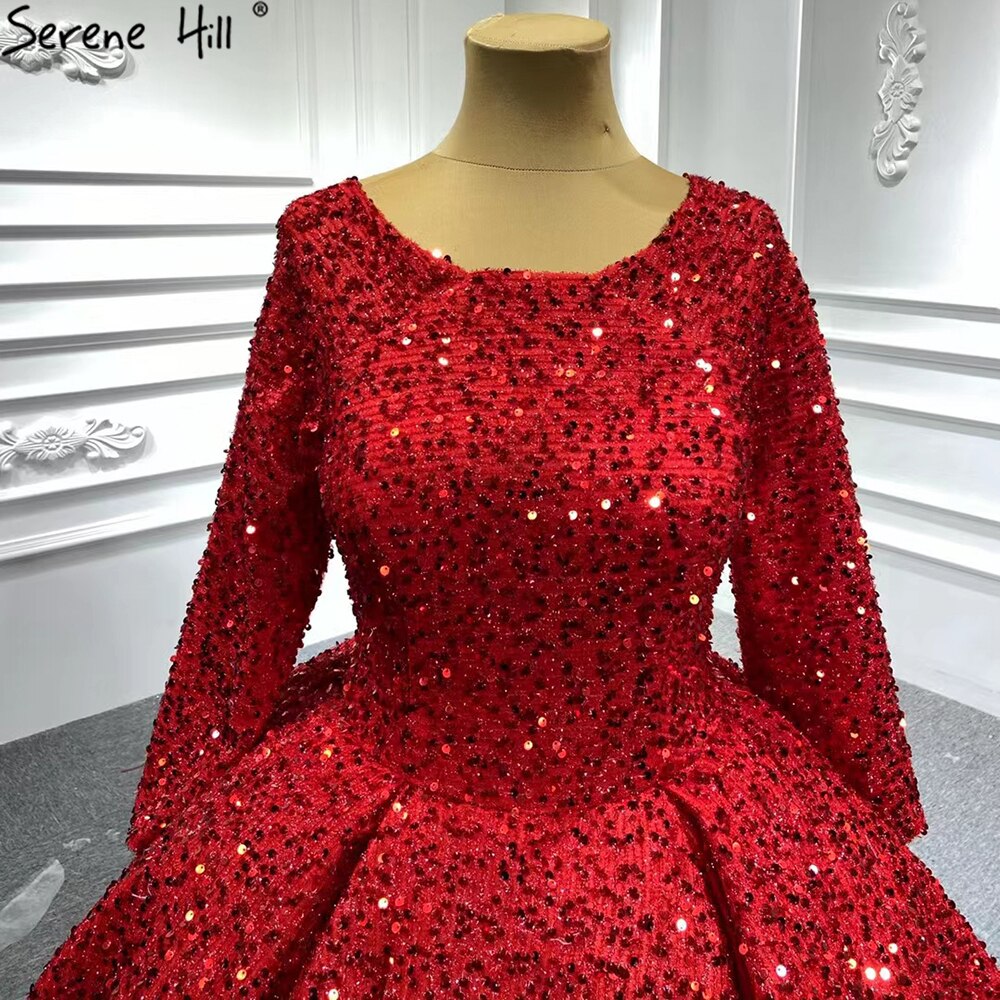 Muslim Red Luxury Wedding Dresses 2025 Sparkle Beaded Long Sleeves Bridal Gowns HA2513 Custom Made