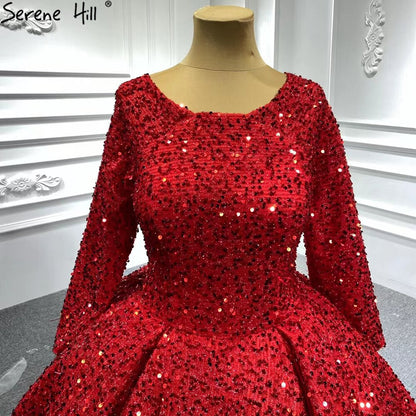 Muslim Red Luxury Wedding Dresses 2025 Sparkle Beaded Long Sleeves Bridal Gowns HA2513 Custom Made