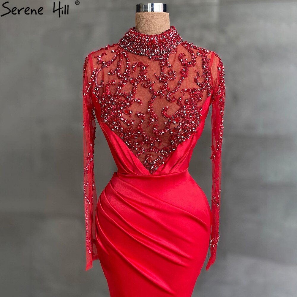 En oferta, sin devolución ni reembolso. Vestidos de noche musulmanes de sirena roja con abertura, elegantes vestidos de satén con cuentas para mujer, fiesta LA71091. 