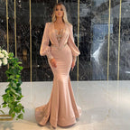 Muslim Rose Meerjungfrau Abendkleider Kleider 2025 Luxus Perlen Elegante Satin Für Frauen Party LA71511 
